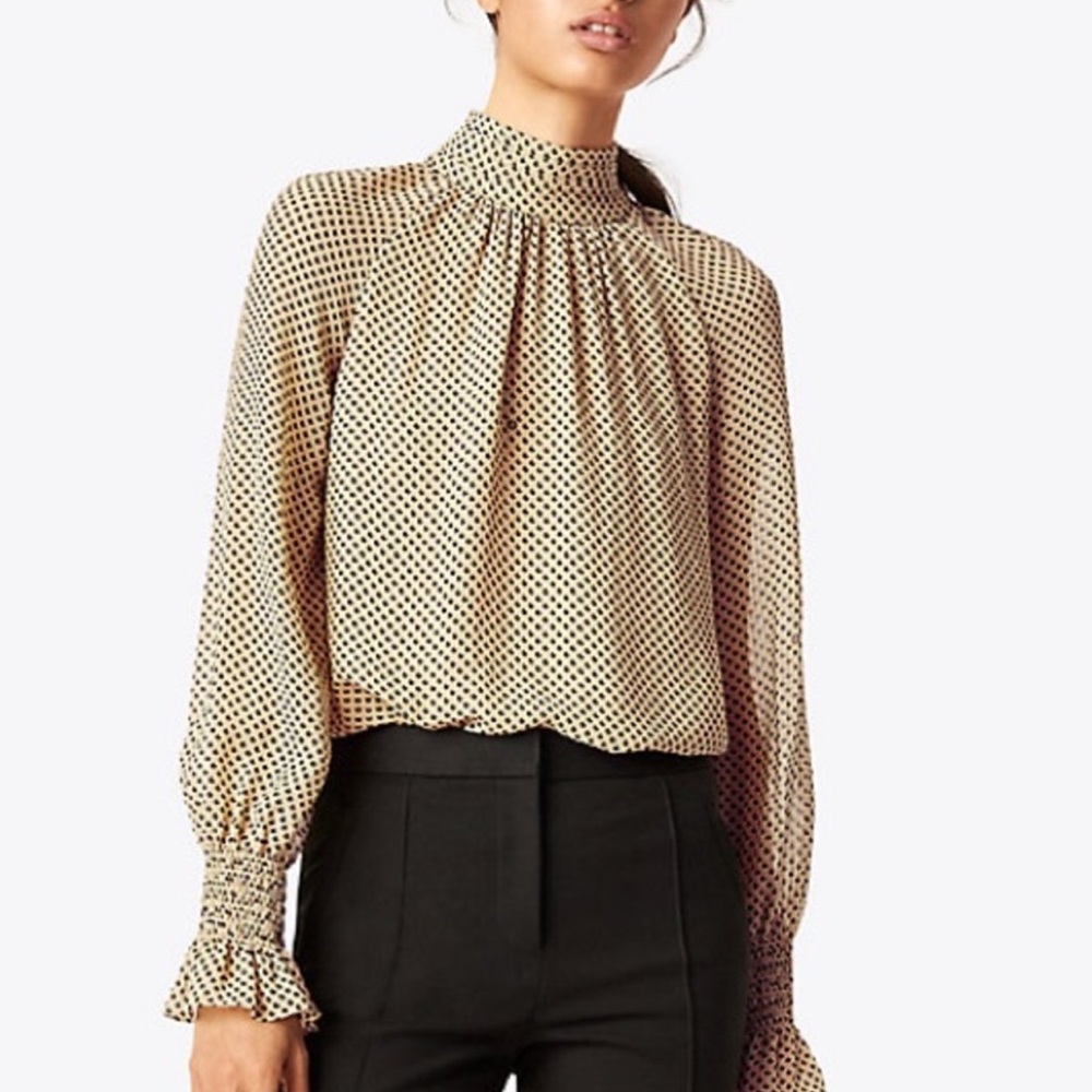 Tory Burch Cream and Black Patterned mock neck Blouse polka dot